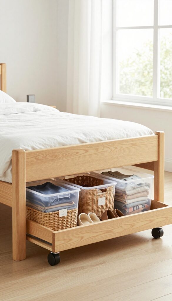 Under-bed storage with labeled woven baskets and clear bins in a bright, tidy bedroom.
