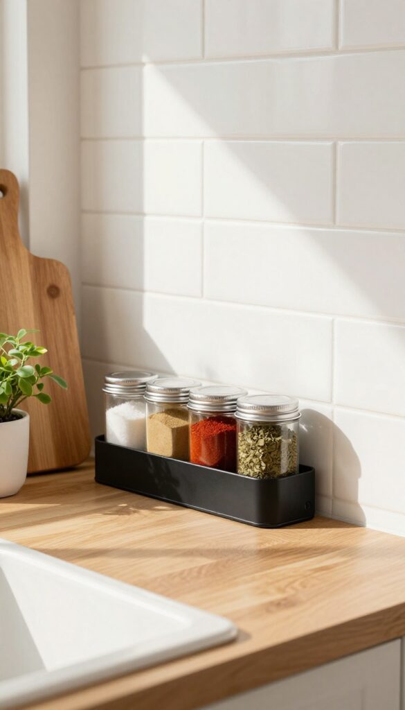 Magnetic spice rack mounted above a kitchen sink with labeled tins, in a bright, organized kitchen.