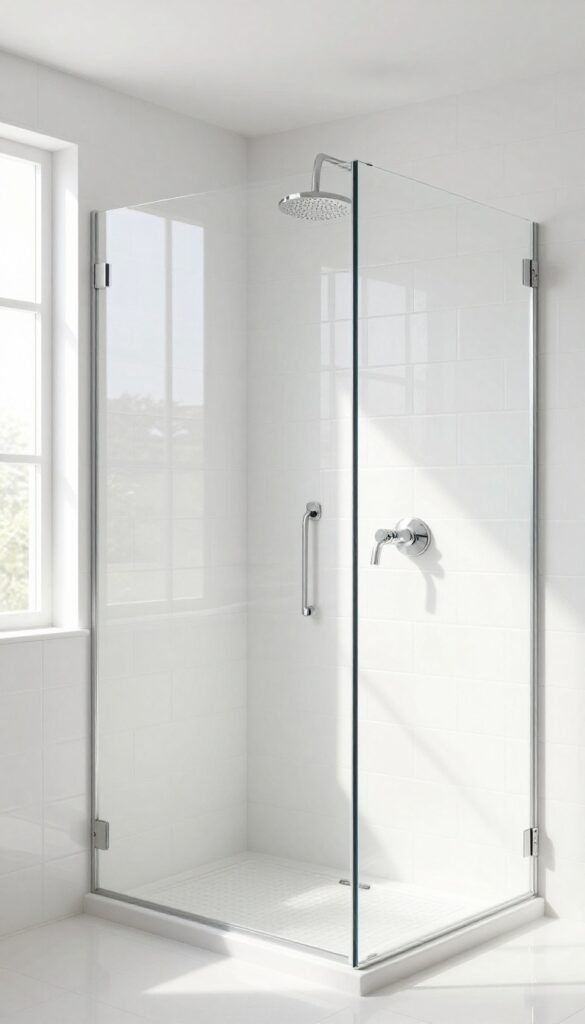 Large glossy white tiles in a bright, modern shower with natural light reflecting off the surface.