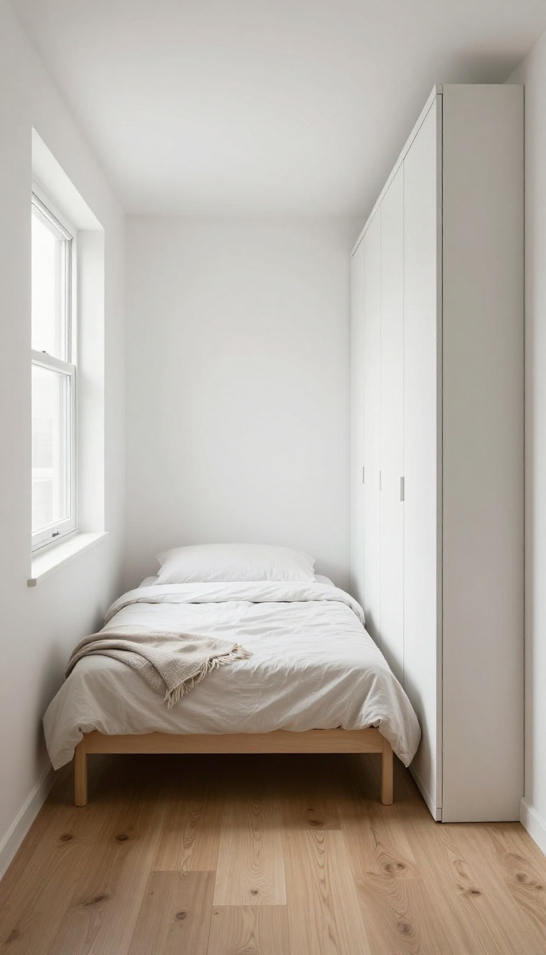 Small bedroom with bed opposite a mirrored sliding-door wardrobe, bright natural light, balanced layout