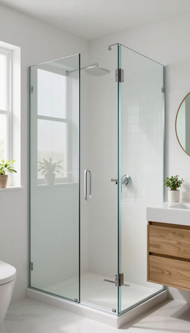 Small bathroom with a frameless glass shower screen over a bathtub, bright and airy with natural light