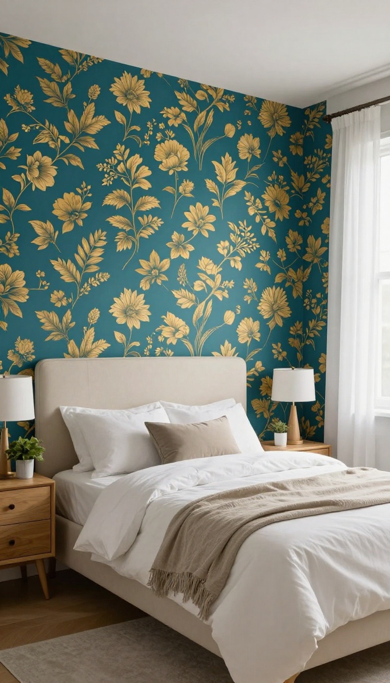 Small bedroom with a bold floral accent wall and neutral bedding, creating a focal point that makes the space feel larger.