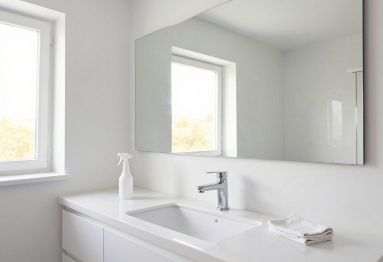 Clean mirror reflecting sunlight in a bright bathroom with cleaning supplies