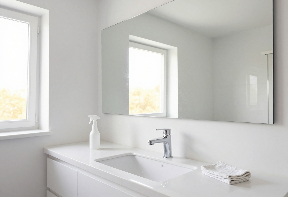 Clean mirror reflecting sunlight in a bright bathroom with cleaning supplies