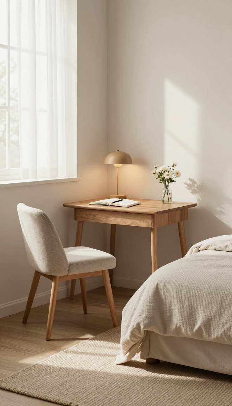 A cozy guest room writing nook with a small desk, chair, lamp, and natural light.