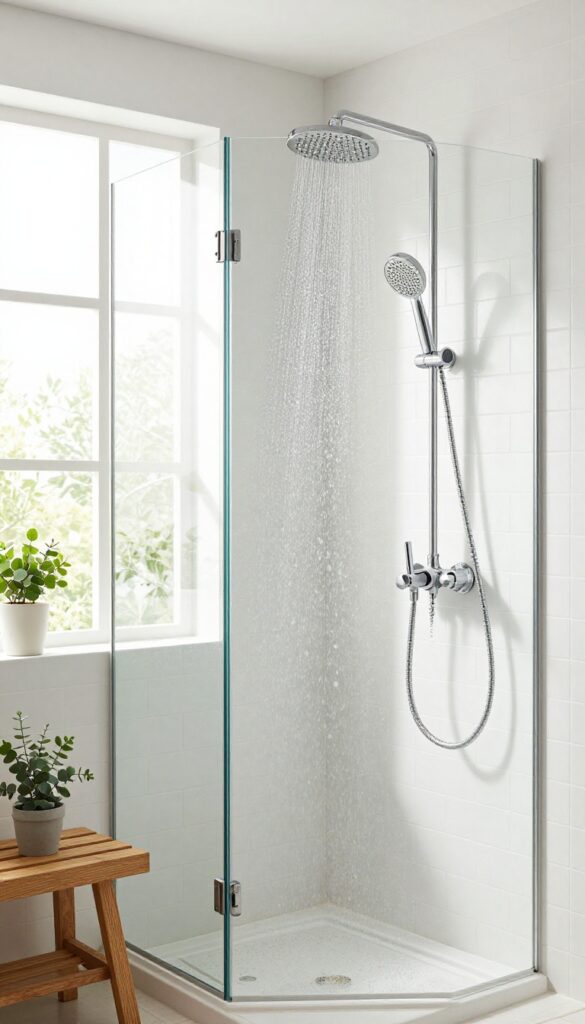 Modern bathroom shower with rain head and handheld shower head connected by a diverter valve