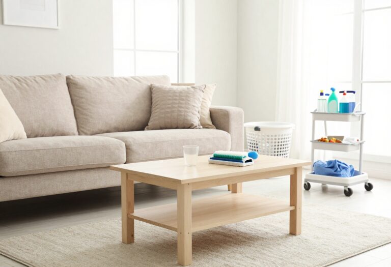 Clean and organized living room with a laundry basket and cleaning supplies, representing a tidy home during a busy week.