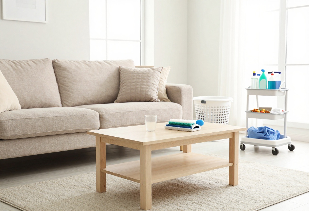 Clean and organized living room with a laundry basket and cleaning supplies, representing a tidy home during a busy week.