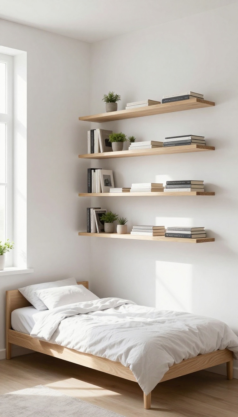 Small bedroom with floating shelves above the bed displaying books, a plant, and folded items, bright natural light, minimalist decor