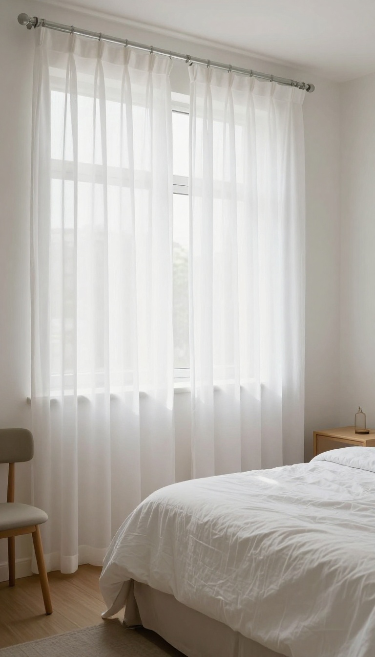 Small guest bedroom with sheer curtains letting in natural light