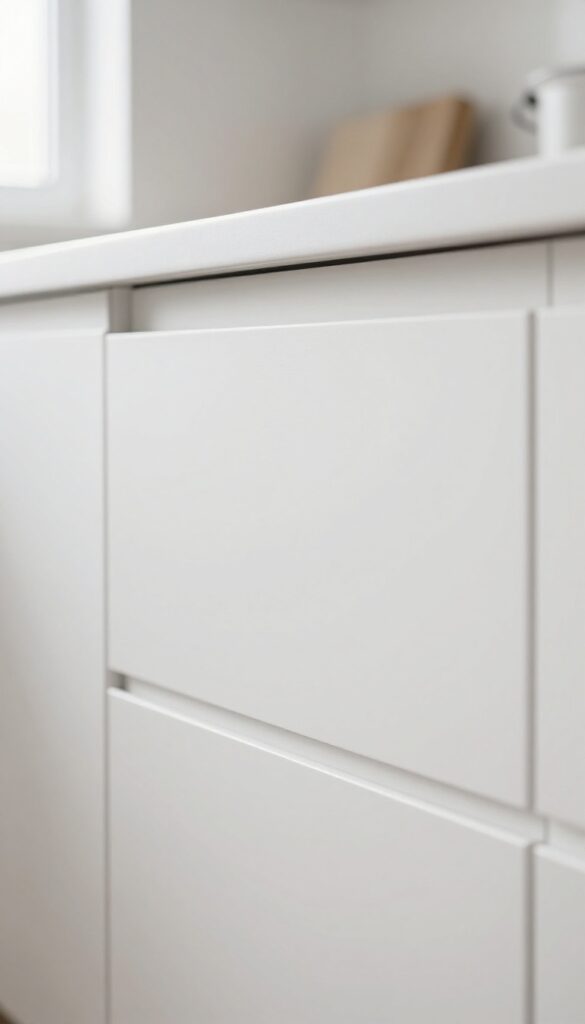Close-up of a kitchen cabinet with a recessed pull, showing a seamless groove in the door