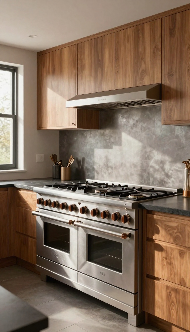 Chef-style gas range with stainless steel finish and commercial knobs in a bright modern kitchen