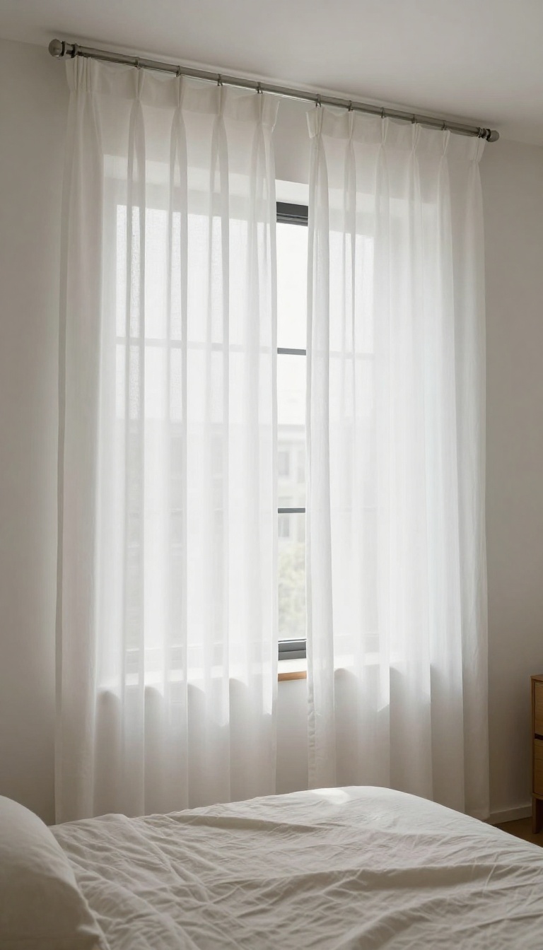 Cozy small bedroom with high-mounted wide curtains making the room feel taller and wider