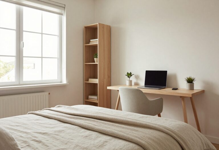 Guest bedroom office combo with a bed and desk separated by a shelf