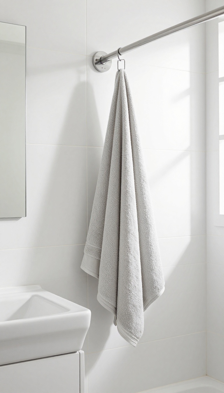Small bathroom with shower curtain and attached towel bar holding a hand towel