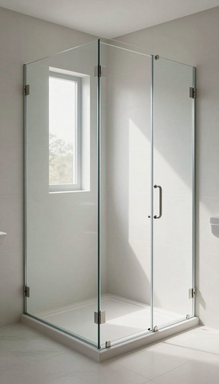 Modern bathroom with frameless glass shower enclosure, seamless and airy, with natural light and clean lines