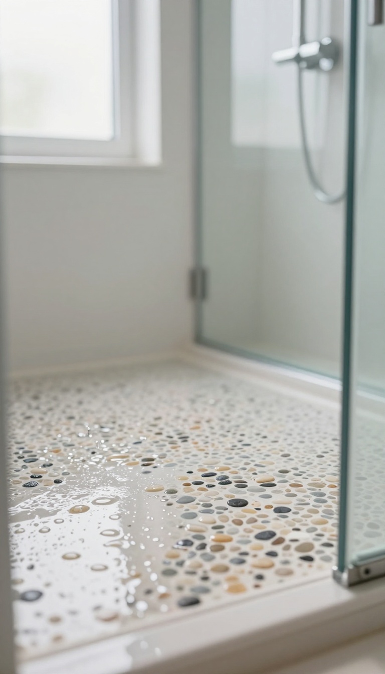 Close-up of a textured pebble tile shower floor in a modern bathroom, emphasizing slip resistance and spa-like feel.