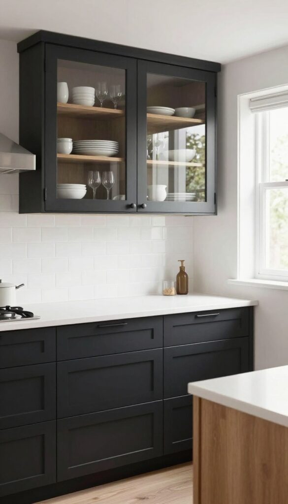 Modern kitchen with black glass-front cabinets and a large mirror reflecting light