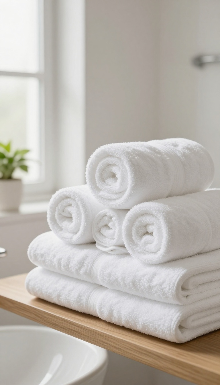 Plush white towels rolled on a shelf in a bright, spa-like guest bathroom.