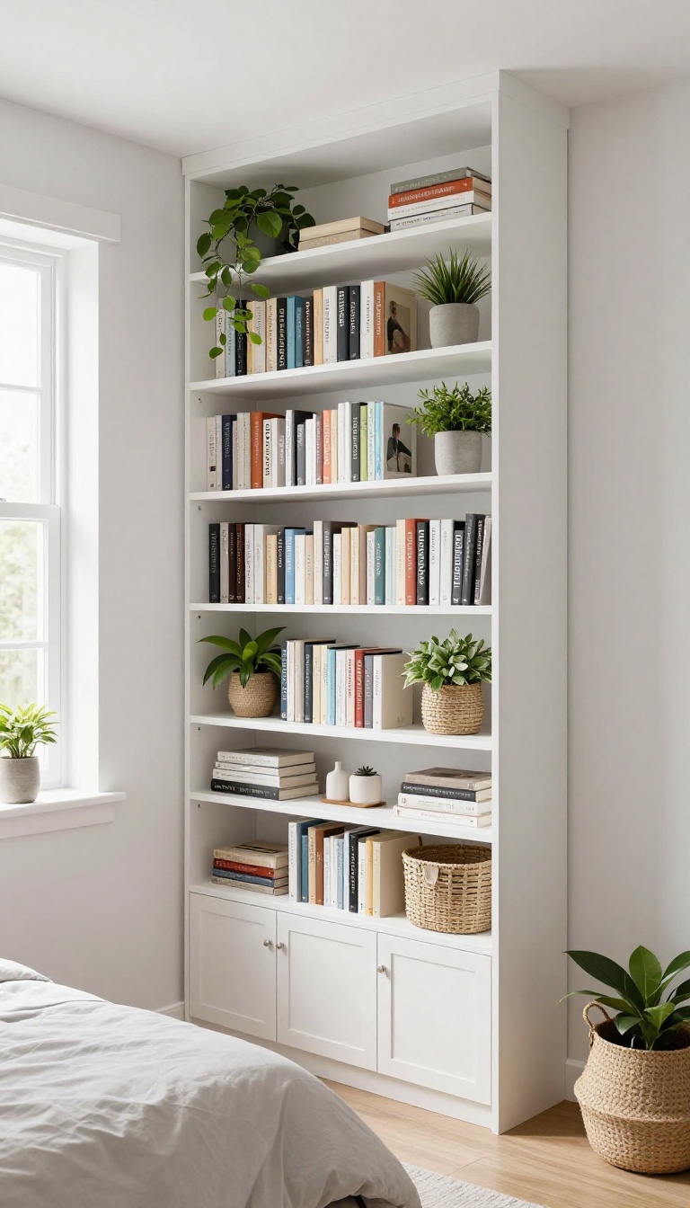 Tall storage unit in a small bedroom, maximizing vertical space