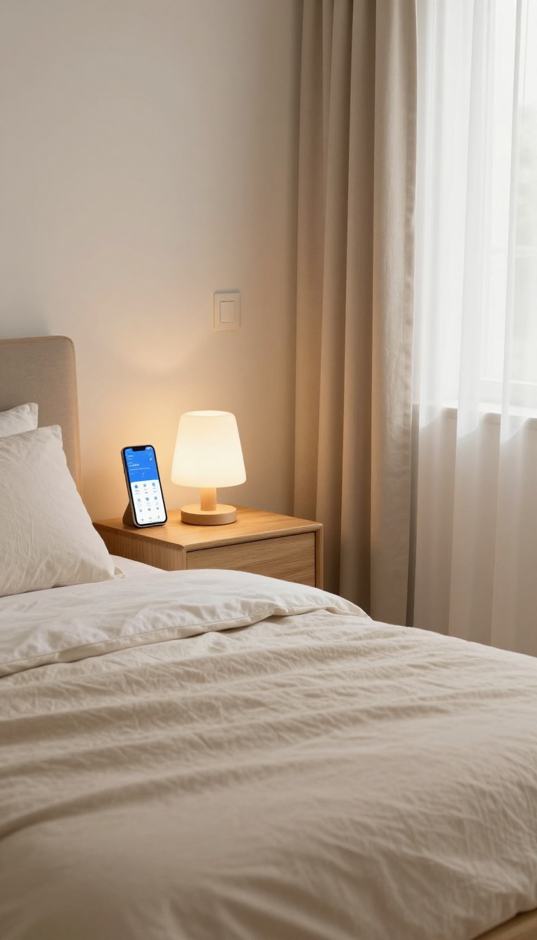 Guest bedroom with smart lighting and dimmer switch