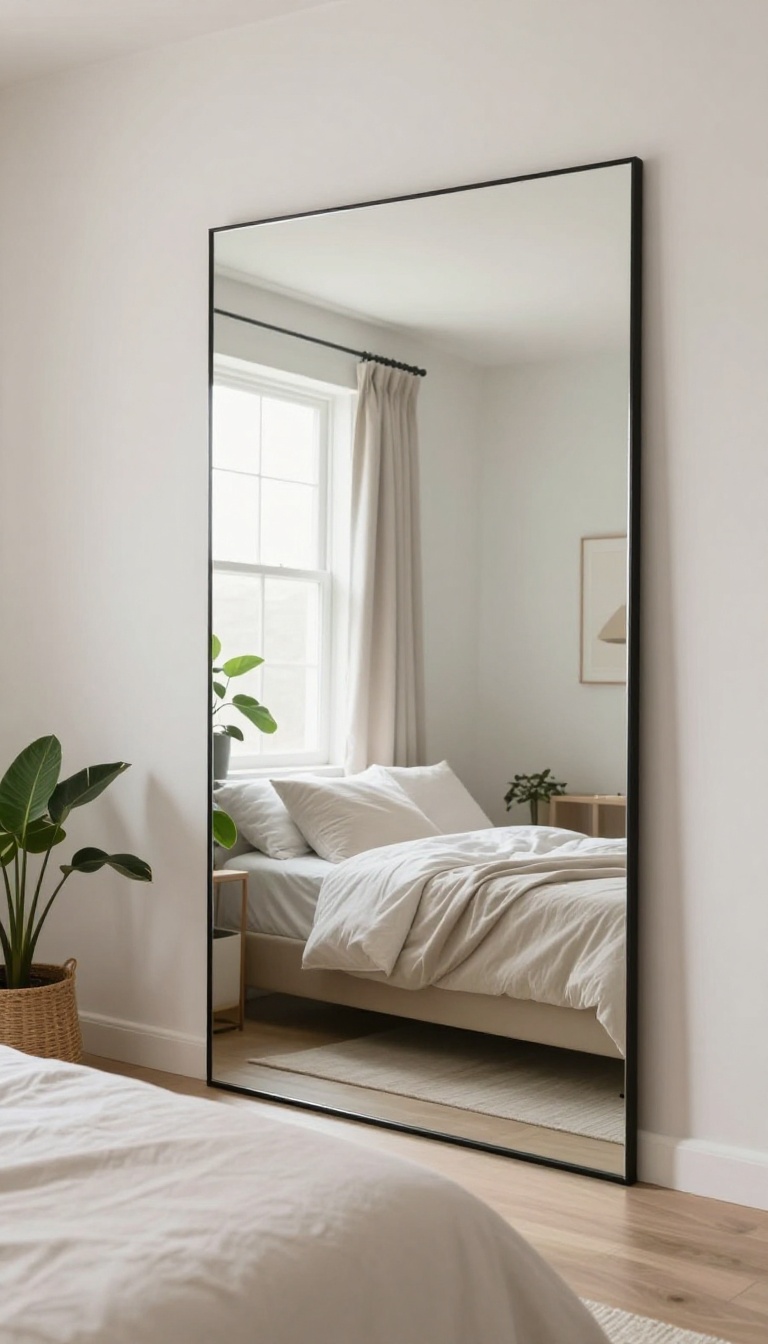 A large mirror leaning against a wall in a small bedroom, reflecting a window to create depth and light.