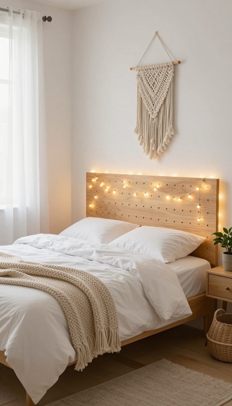 Small cozy bedroom with a glowing DIY light panel headboard made of a pegboard with fairy lights, warm ambient glow, bohemian decor, natural light