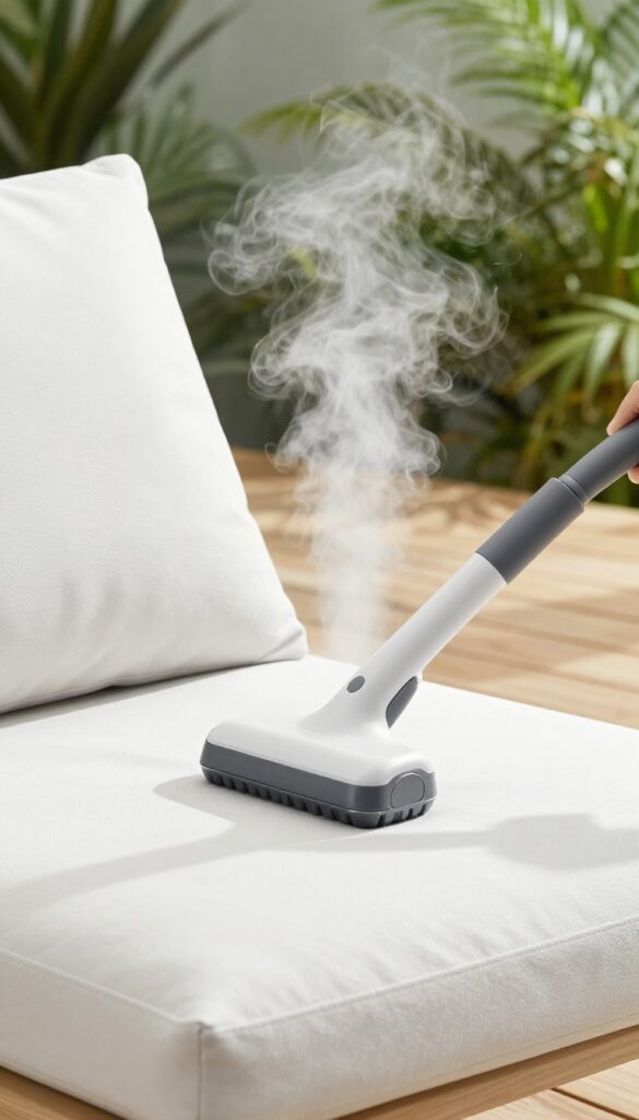 Steam cleaning an outdoor cushion with a handheld steamer on a sunny patio.