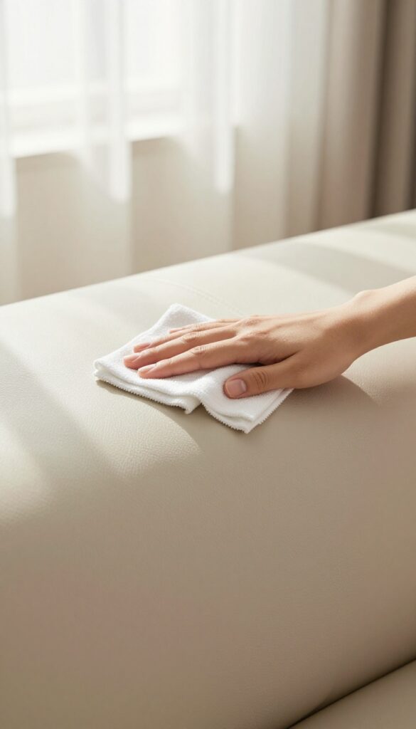 Person gently cleaning a leather couch with a microfiber cloth in a sunlit living room