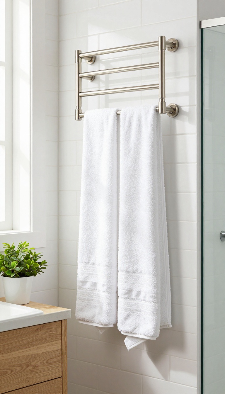 Modern guest bathroom with a wall-mounted heated towel rack holding a fluffy white towel near a glass shower.