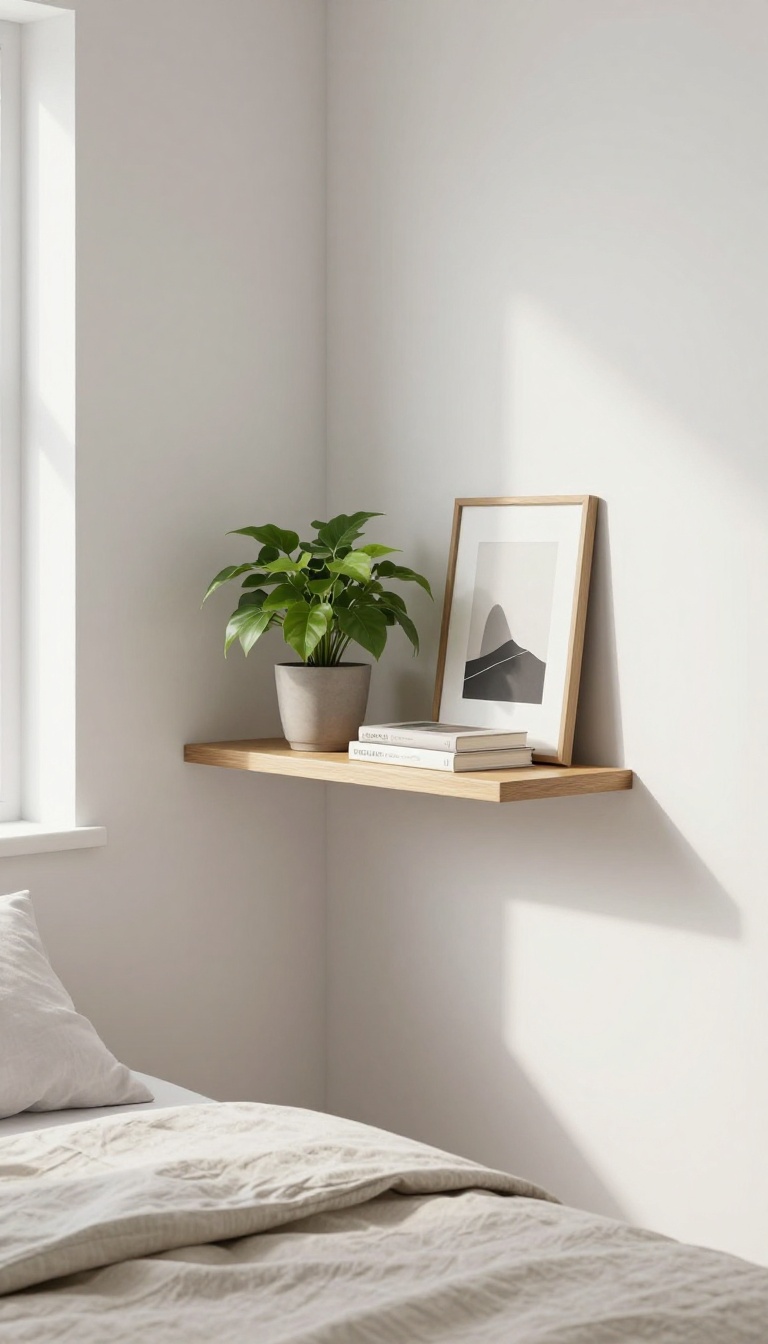 Small bedroom corner with a floating wooden shelf displaying a plant, books, and a framed print