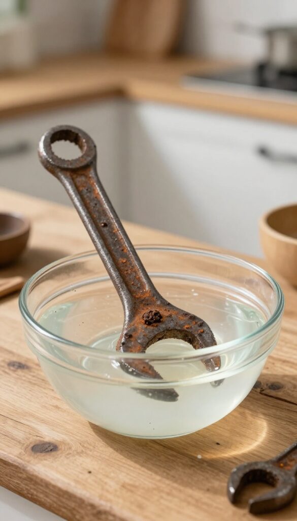 Rusty metal tool soaking in a bowl of white vinegar on a wooden table