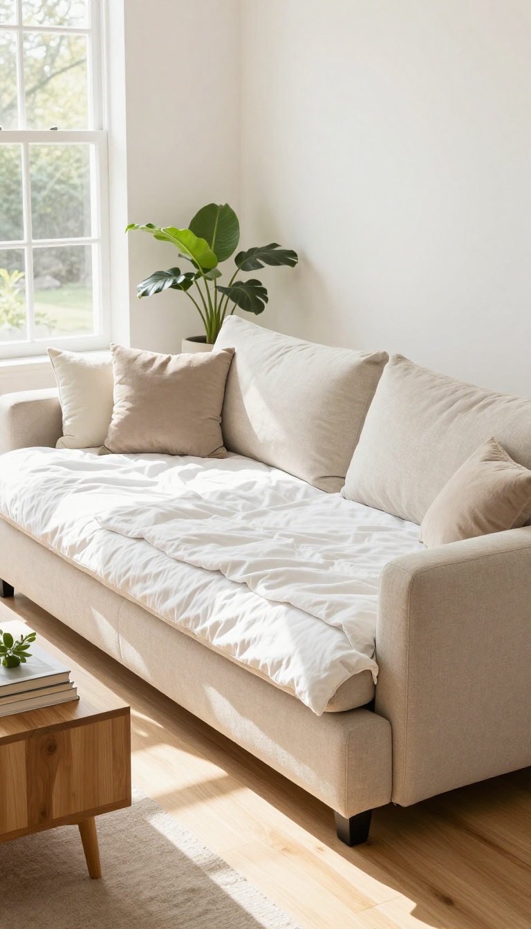 Modular sofa bed arranged as a guest bed in a bright living room