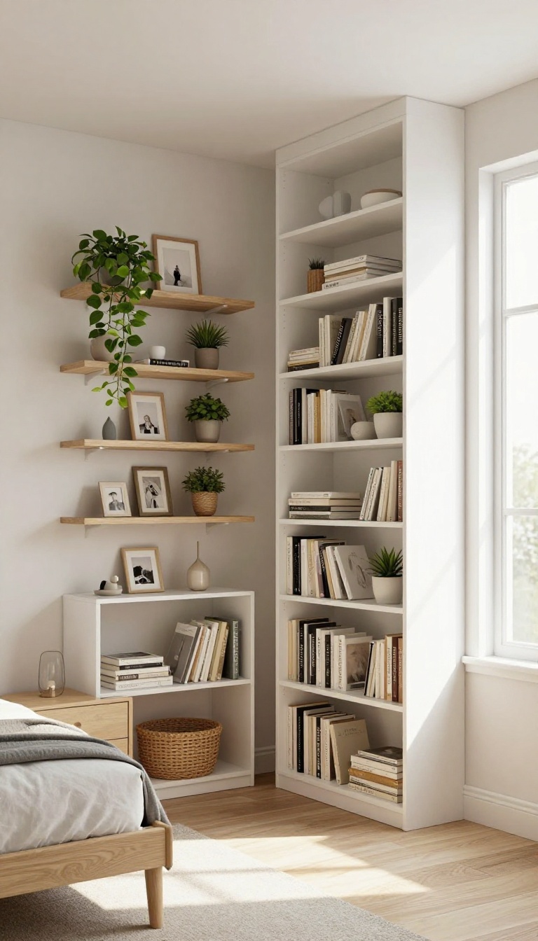 Small bedroom with vertical storage solutions including tall bookshelves, floating shelves, and a tall dresser, creating an open and organized feel.