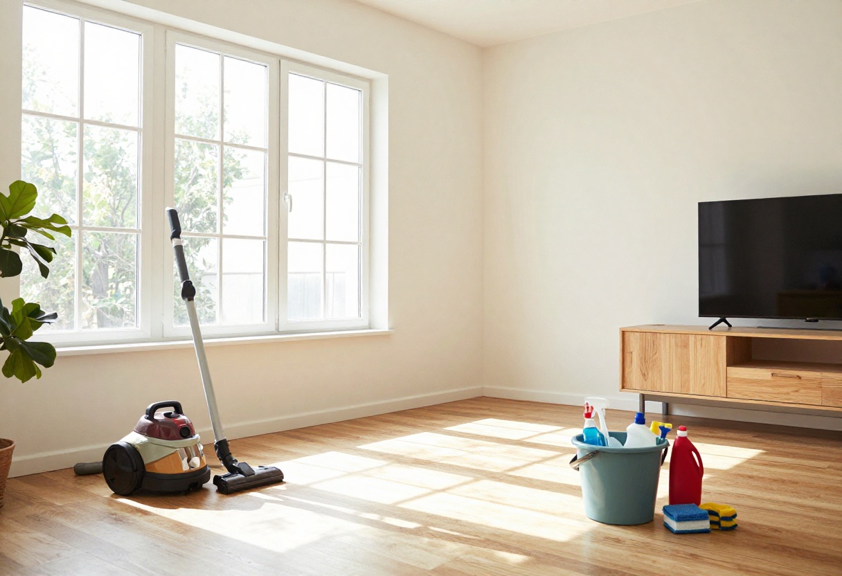Bright living room after deep cleaning with cleaning supplies in the corner
