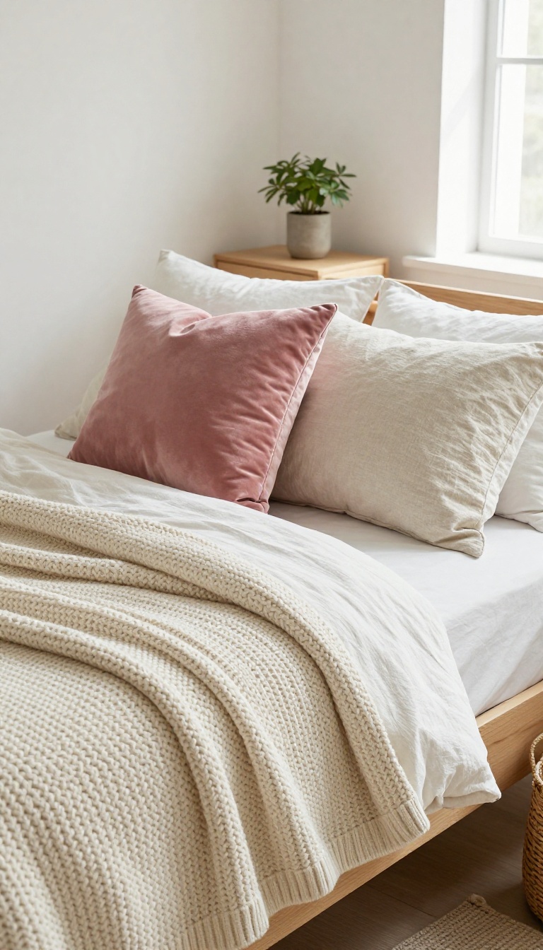 Cozy small bedroom with layered throws and pillows in different textures.