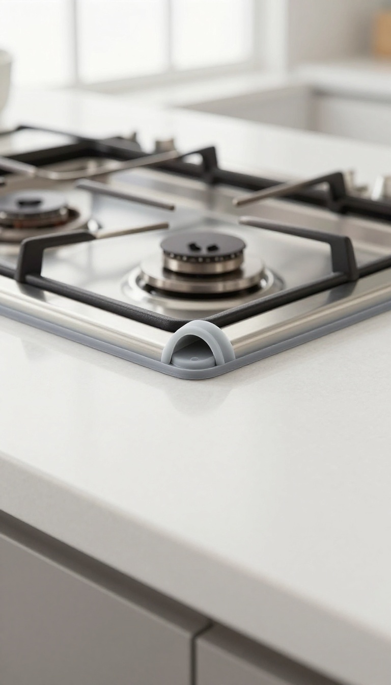 Silicone gap cover being installed between a gas stove and countertop in a bright, clean kitchen