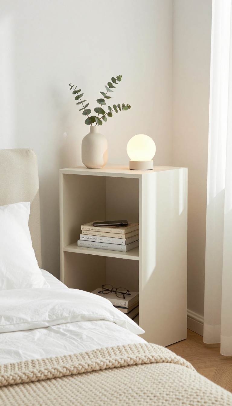 Small bedroom with a storage headboard featuring shelves for books and decor, styled neatly with a lamp, tray, and eucalyptus in a vase.