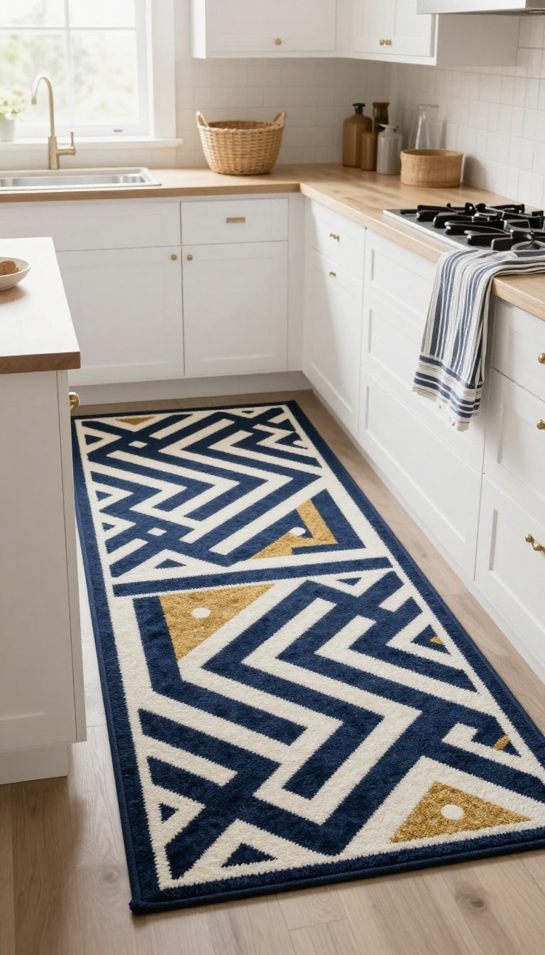 Kitchen with a patterned runner rug mixing navy, white, and gold geometric patterns, paired with subtle striped and polka-dot accents.