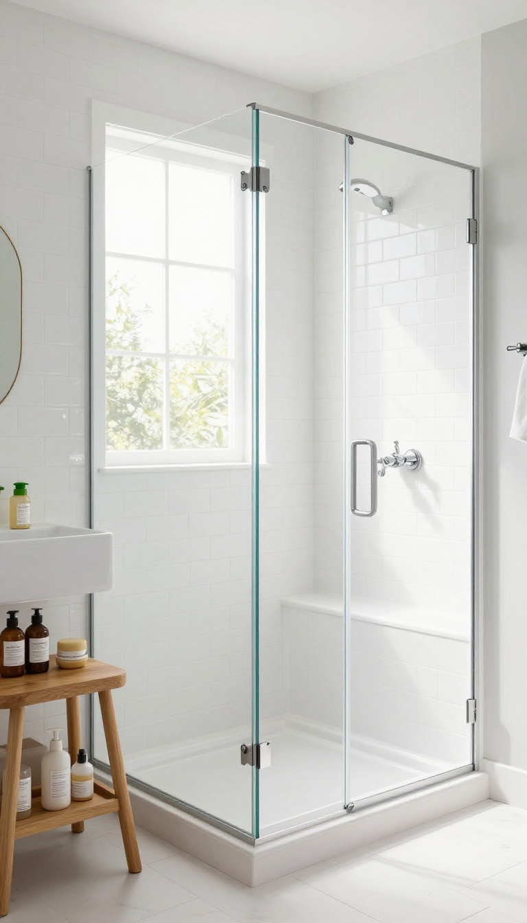 Modern family bathroom with a bathtub and built-in shower bench, illuminated by natural light.