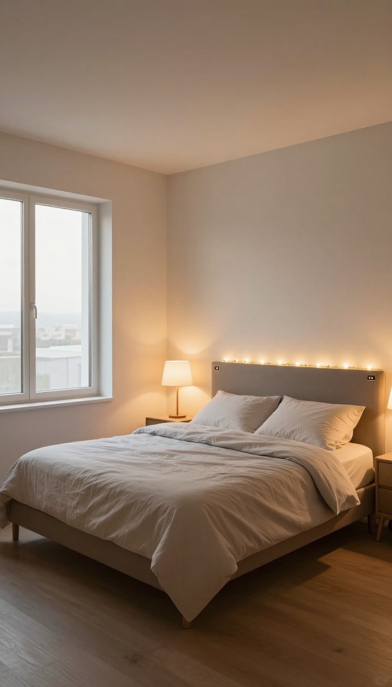 Cozy small bedroom with layered lighting for couples, featuring bedside lamps, string lights, and a floor lamp.