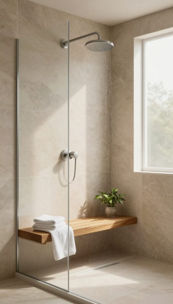 Modern double shower with a built-in teak bench, natural light, and spa-like ambiance