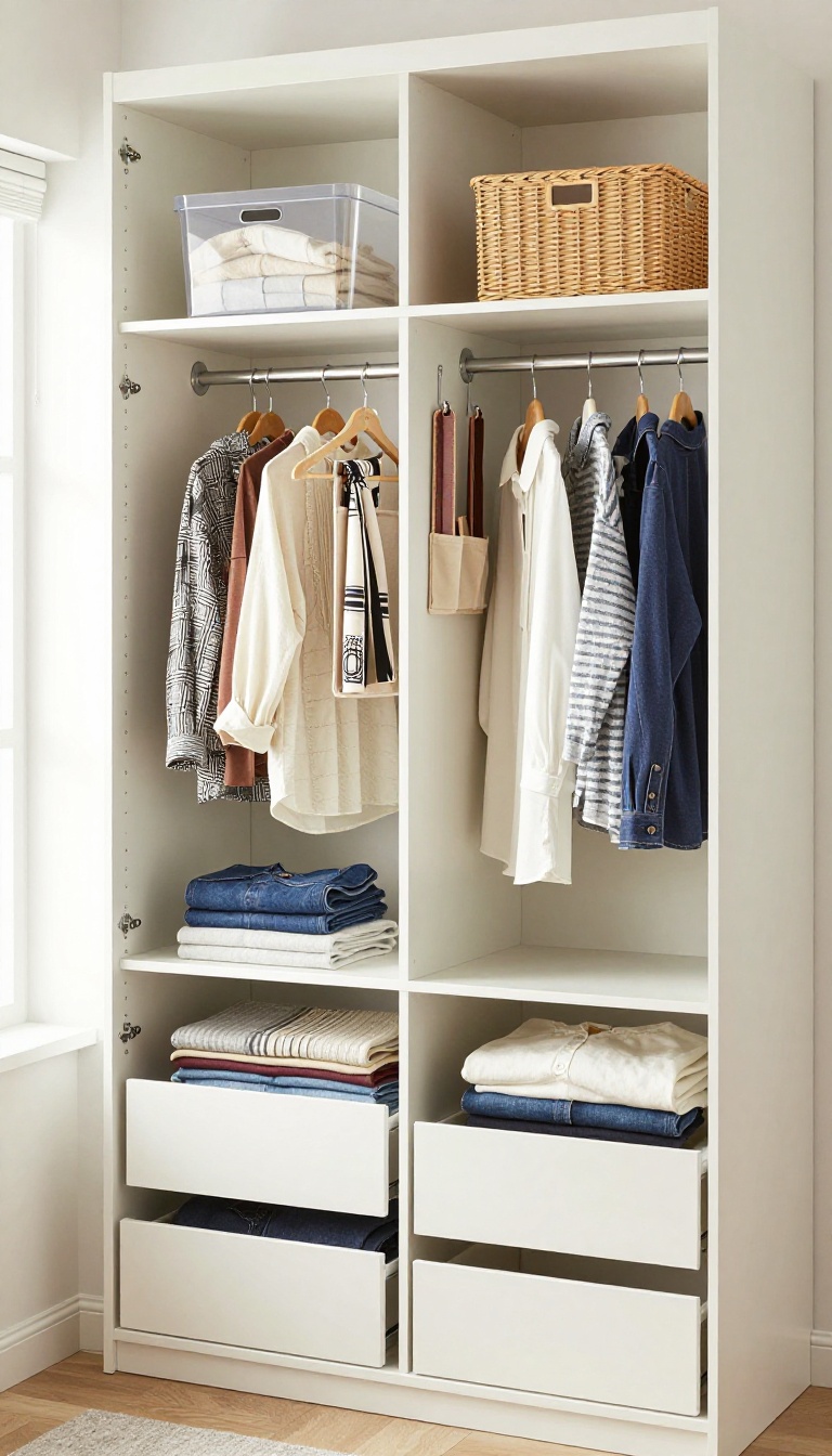 Small bedroom closet with custom organizers, shelves, and hanging storage in bright natural light