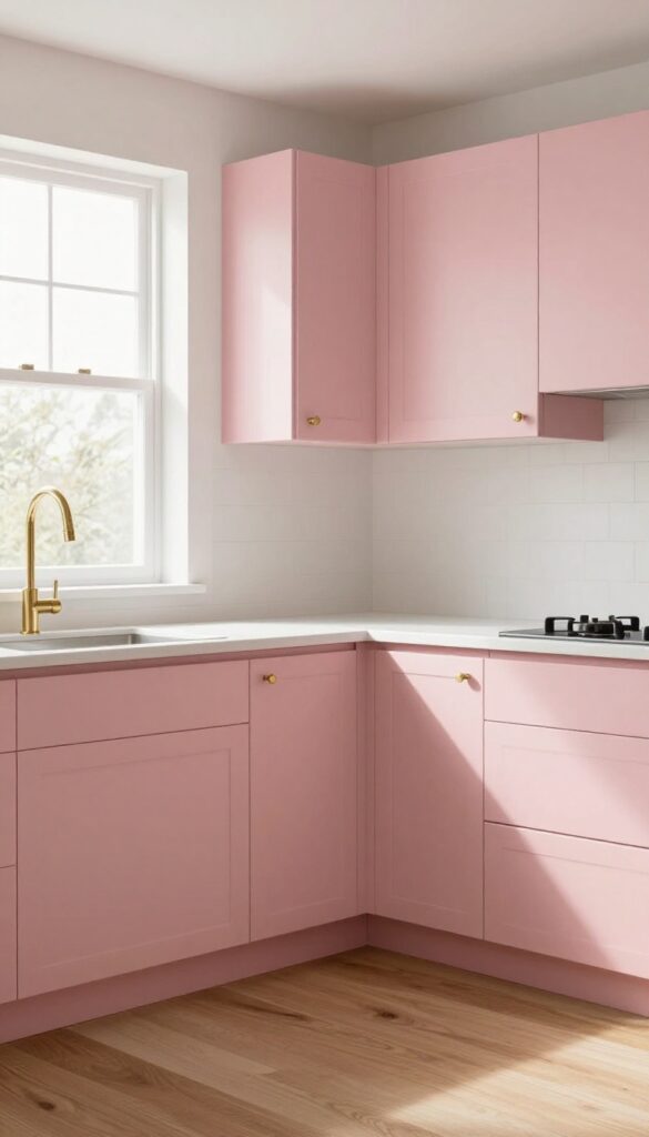 Soft pink painted kitchen cabinets with white countertops and wooden floors