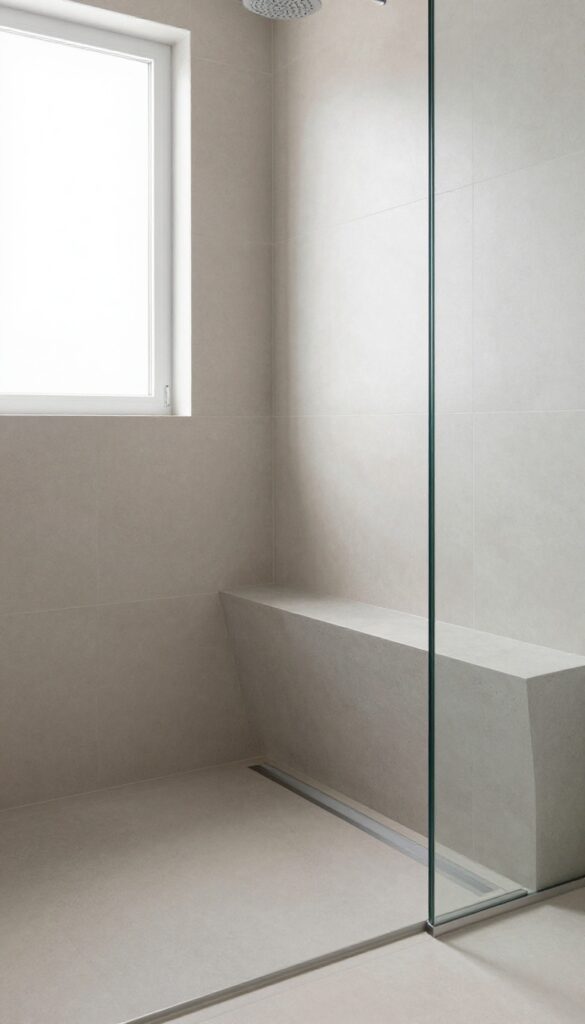 Minimalist shower bench with hidden drainage channel in a modern bathroom