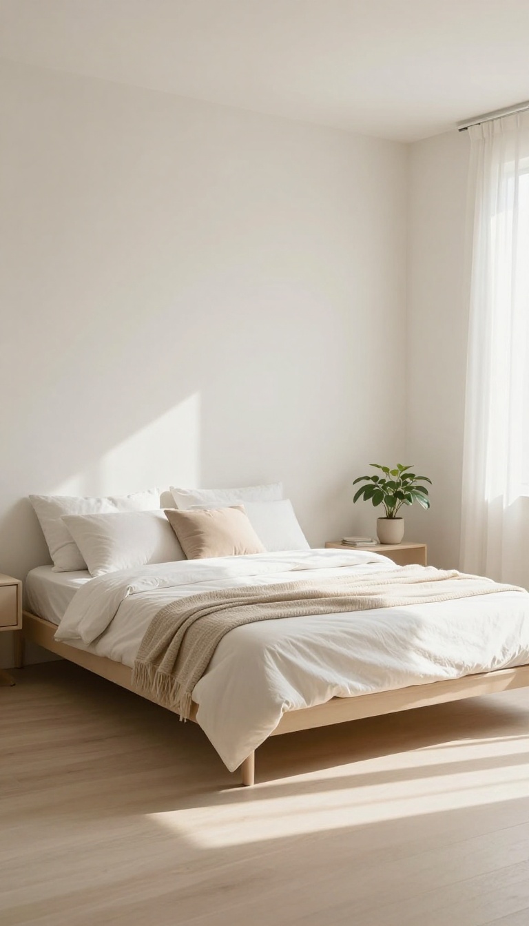 Low-profile bed frame in a bright, airy small bedroom with minimal styling and natural light.