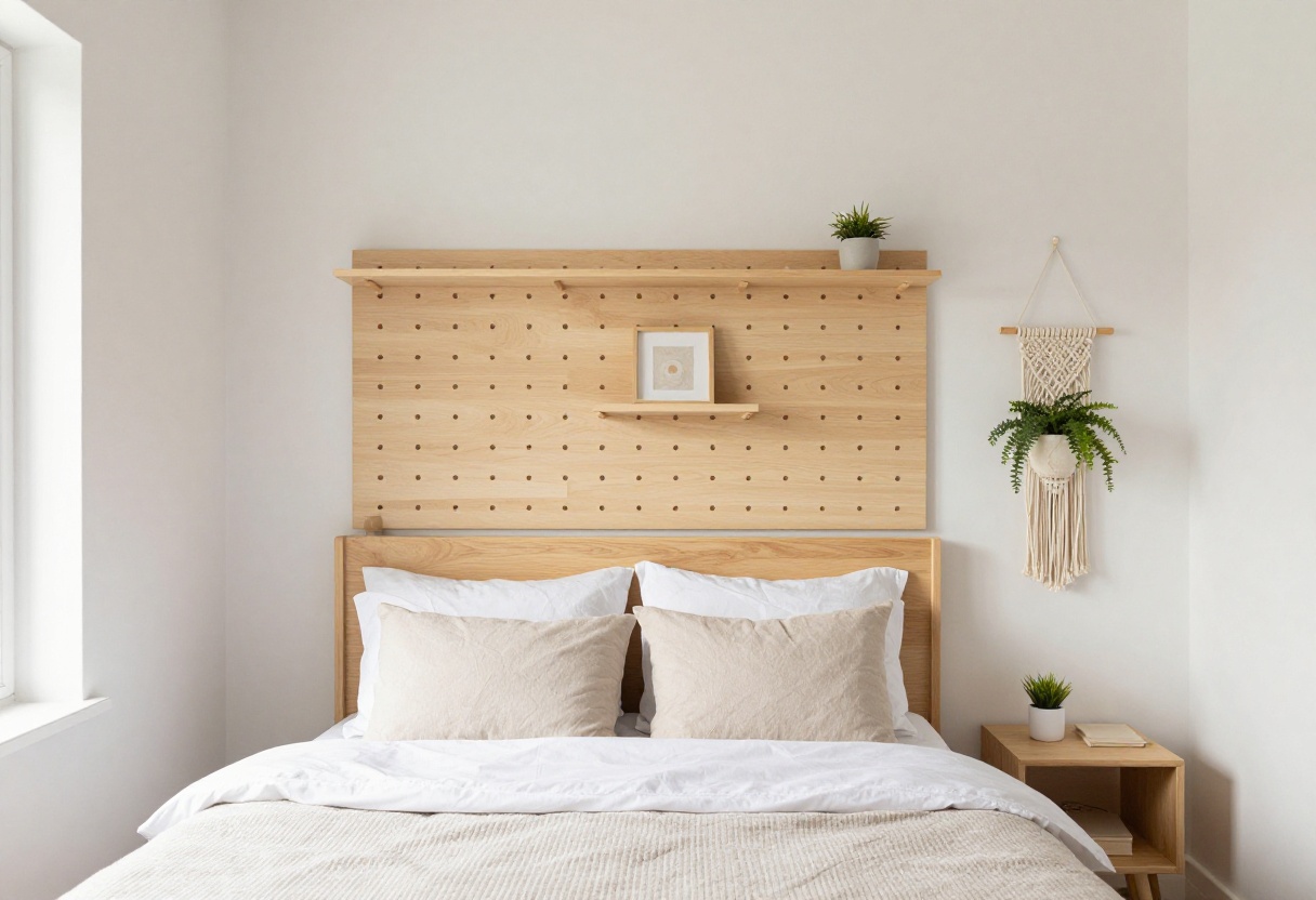 Small bedroom with DIY floating shelf headboard and pegboard organizer