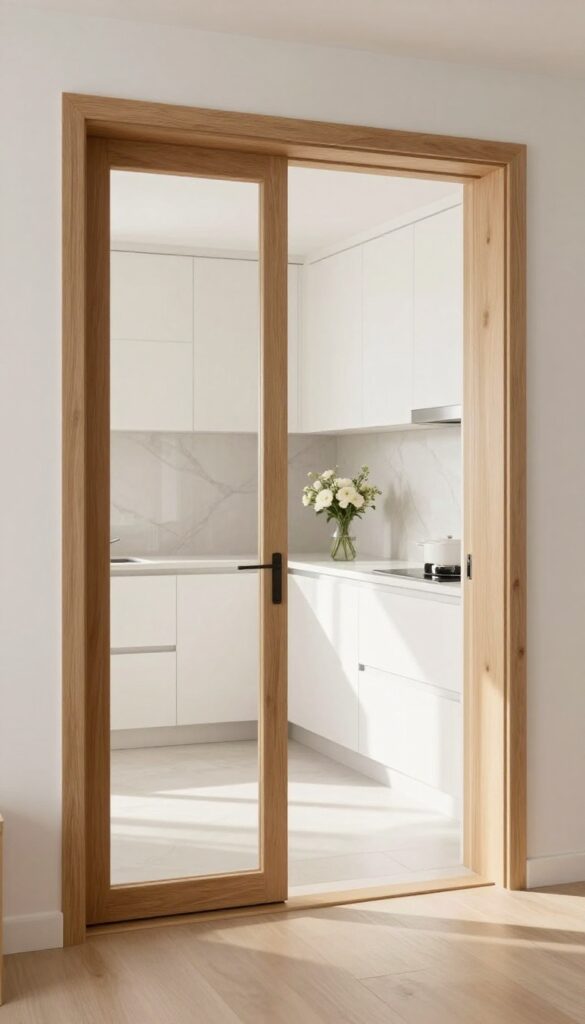 Glass panel door in a bright, modern kitchen entrance, letting in natural light and offering a view of the dining area.