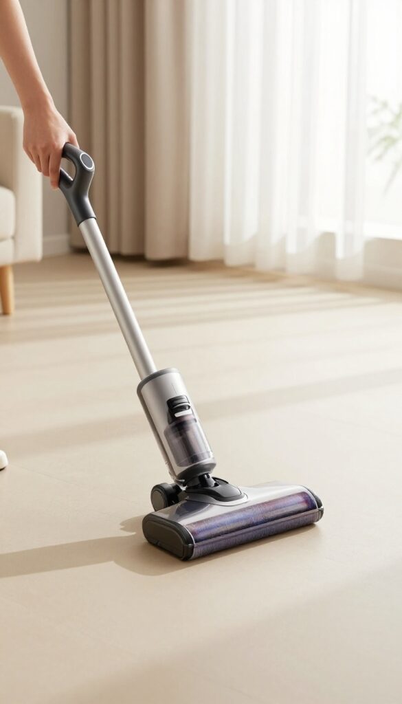 Person using a vacuum with a brush attachment to clean a wall in a bright living room