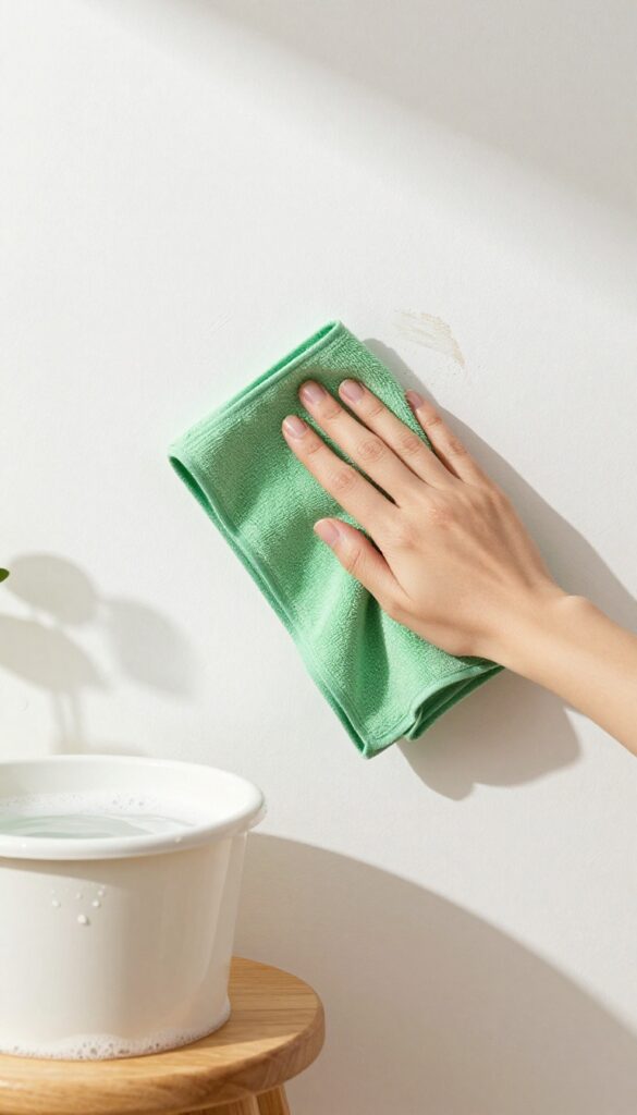 Hand wiping a wall with a microfiber cloth and soapy water in a bright room.
